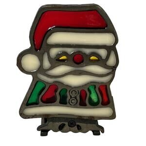 Vintage Santa Stained Glass Style Tea Light Candle Holder Cast Iron Tanco Taiwan